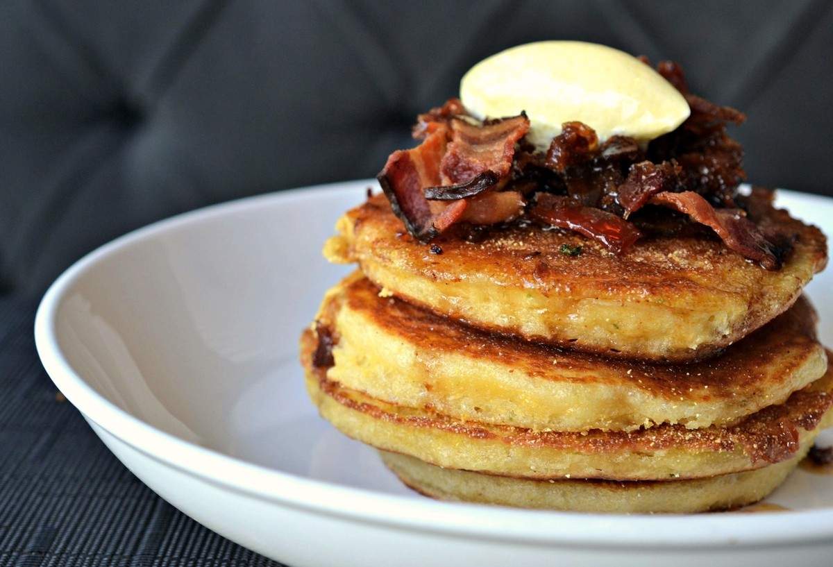 Cornmeal Pancakes With Bacon Chili Bourbon Maple Glaze | Eat North