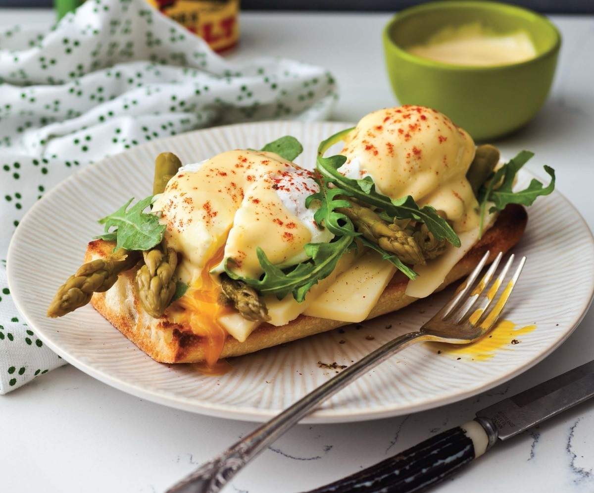 Pickled aioli and pickled poached eggs open faced sandwich from Batch