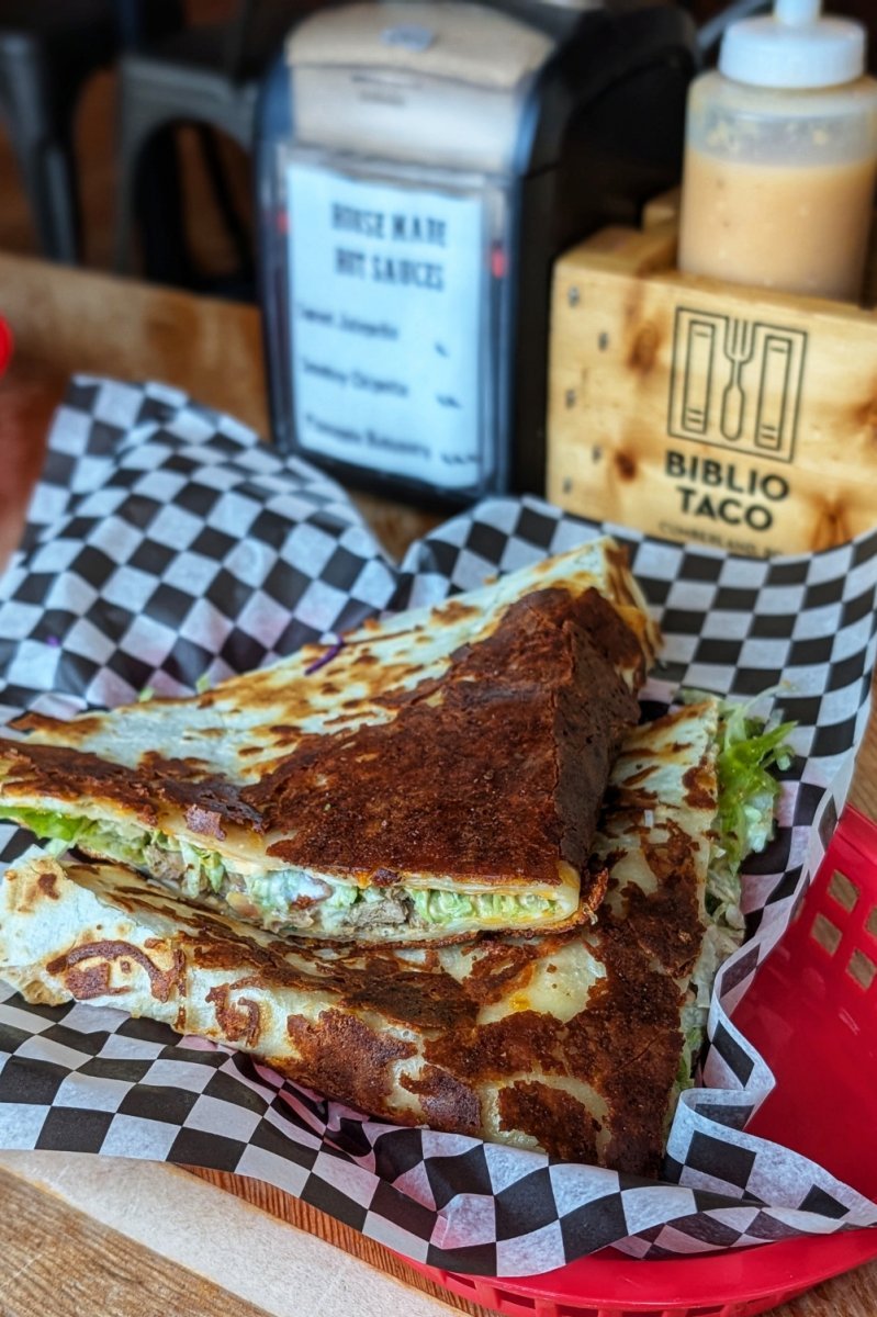 Biblio Taco in all it's crispy-chessy glory at Biblio Taco in Cumberland, BC.