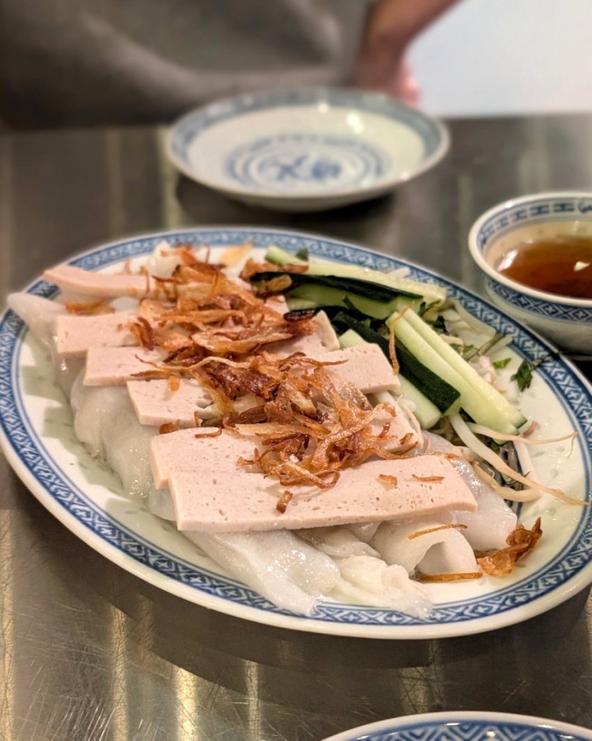 Bánh cuốn at Lai Rai in Calgary, steamed rice rolls with pork, mushrooms and fried shallots