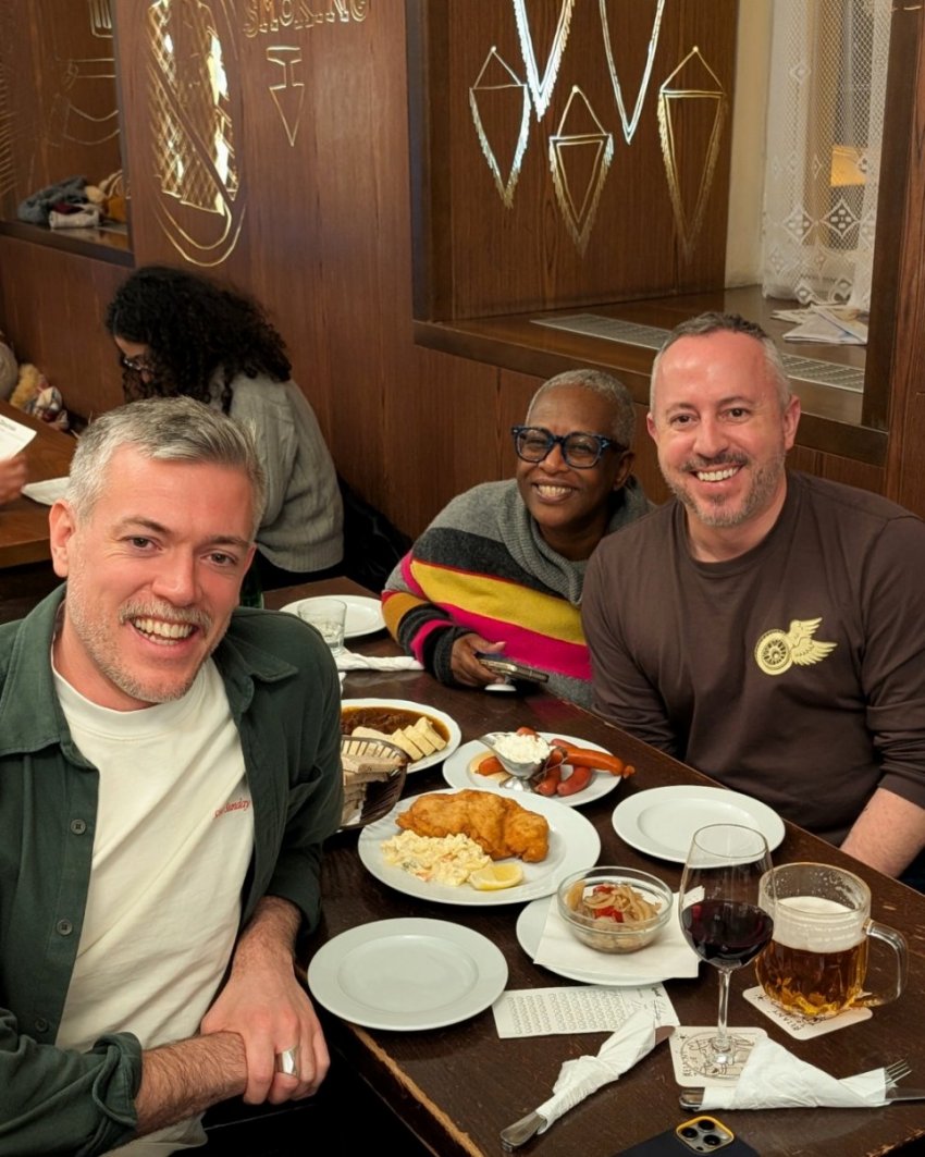 Beer and Czech pub food shared with friends at Lokál Dlouhááá in Prague