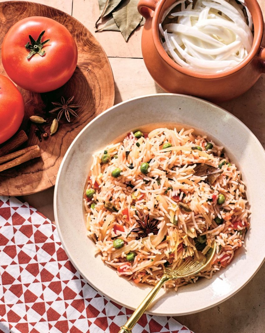 Indian tomato rice with onion pachadi