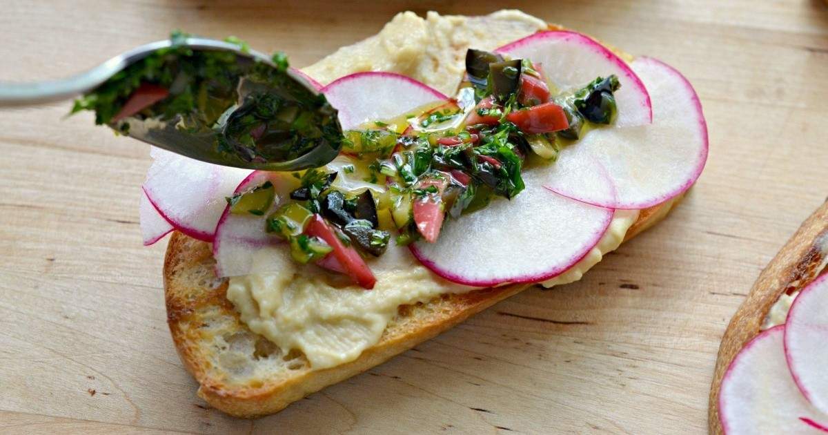 Hummus, olive and radish toast Eat North