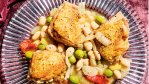 Image for Crispy chicken thighs over vinegar beans from A Generous Meal cookbook