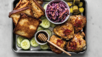 Image for Hot maple crackling chicken thighs with fried bread and coleslaw from the Eat With Us cookbook