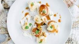 Image for Araxi's seared wild scallops with cauliflower tempura