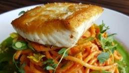 Image for Charlie’s Little Italian bucatini Romesco with Haida Gwaii halibut