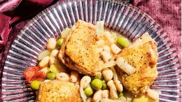 Image for Crispy chicken thighs over vinegar beans from A Generous Meal cookbook
