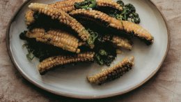 Image for Curly corn ribs with fresh zhoug and shishito peppers from the Peak Season cookbook