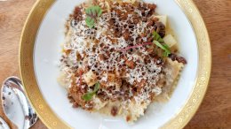 Charred cabbage agnolotti at Deane House in Calgary topped with rye breadcrumbs and Avonlea clothbound cheddar