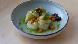 Kohlrabi, daikon, and fennel braised in a light broth served with fermented gunsho. All photos courtesy of @eatwithshannon. Image for Hopgood article, please change title and delete url re-directs!