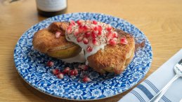 Image for Home Block’s baked pears with almonds, pomegranates, malted whipped cream and bitter chocolate