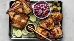 Image for Hot maple crackling chicken thighs with fried bread and coleslaw from the Eat With Us cookbook