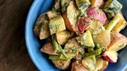 This is a delicious potato salad unlike any other, we assure you! Image for Potato salad with fresh herb and hummus dressing