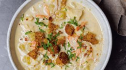 Photos and recipe provided by Penguin Random House. Image for This seafood chowder recipe from the new Chuck Hughes cookbook is a must-try