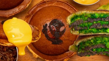 A sealed, flying-saucer-style taco burger with a crunchy Doritos and cheese crust from The Burger Joint.