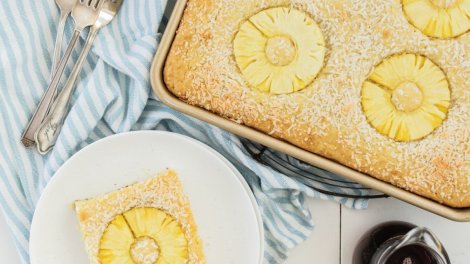 Image for Jillian Harris' recipe for Piña Colada sheet-pan pancakes