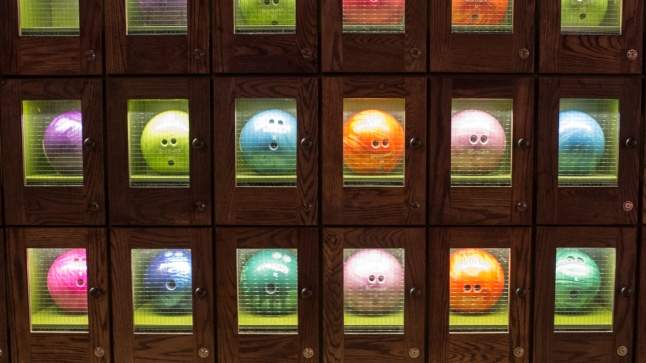 Bowling ball display at National 10 in Calgary.