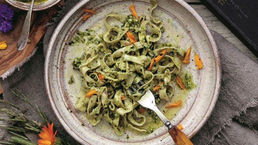 Image for Summer recipe: Flower pasta with marigold pesto from the 'Taste Buds' cookbook