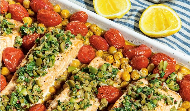 Image for Baked salmon with chickpeas and basil-olive salsa from the Conveniently Delicious cookbook