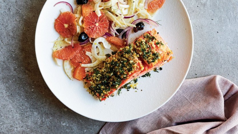 Photos and recipe provided. Image for Try this recipe for baked salmon with gremolata crust from 'Everyday Mediterranean'