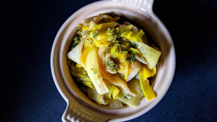 Image for Braised leeks with sunflower seed pesto