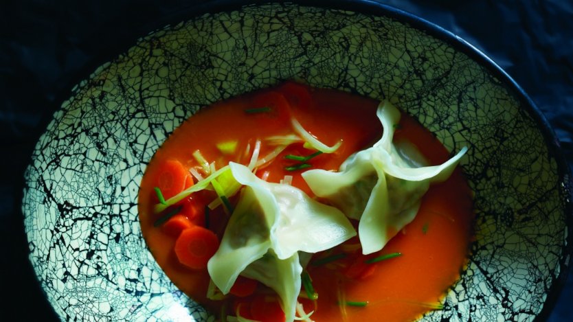 Image for Lynn Crawford's carrot lemongrass soup with ginger pork dumplings
