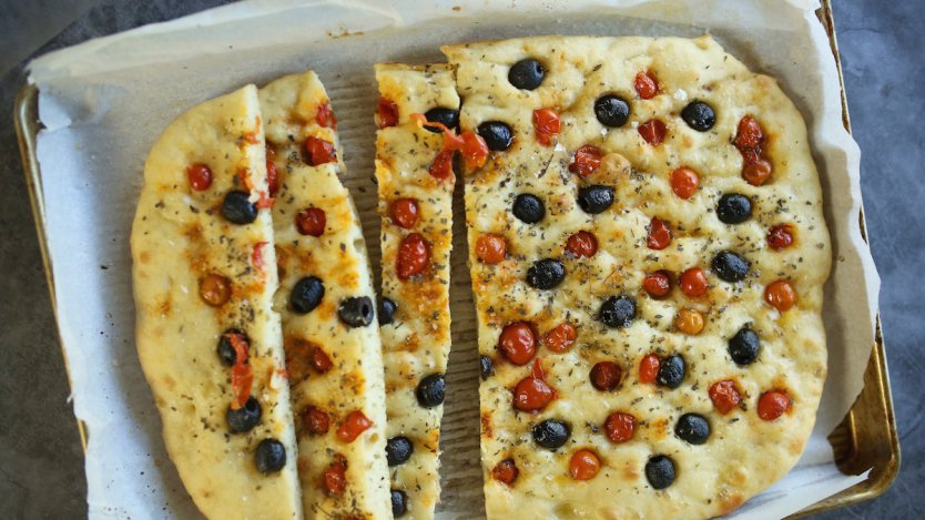 Image for cherry tomato focaccia recipe from the Cooking with Mamma Marzia cookbook