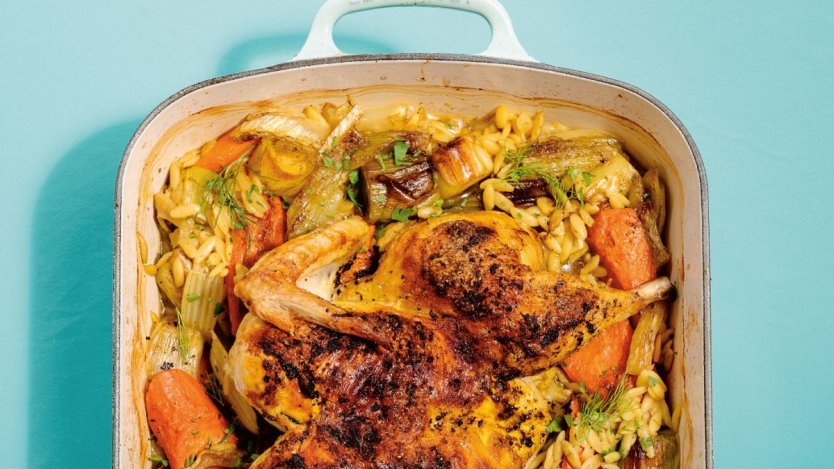 Images and recipe provided by Appetite by Random House. Image for Mary Berg's recipe for chicken noodle roast chicken