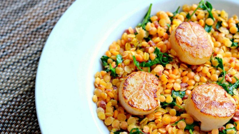 Seared Scallops With Lentil And Chorizo Salad | Eat North