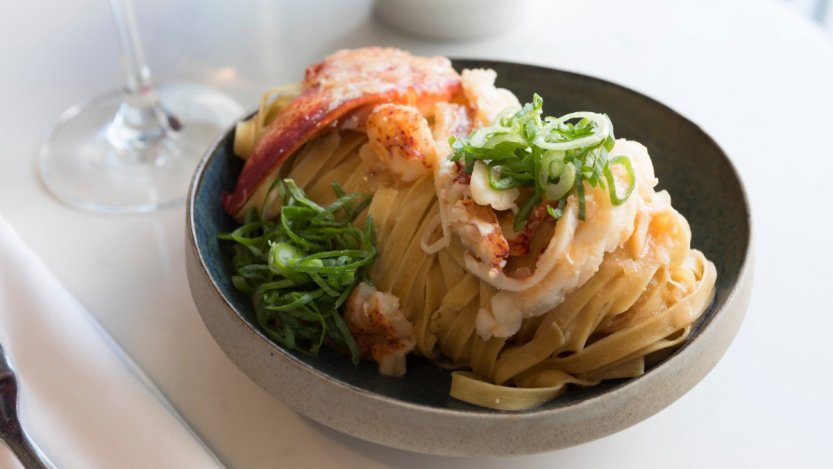 Alforno's mushroom fettuccini with poached lobster and miso beurre blanc
