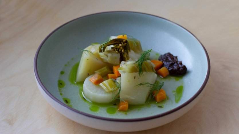 Kohlrabi, daikon, and fennel braised in a light broth served with fermented gunsho. All photos courtesy of @eatwithshannon. Image for Hopgood article, please change title and delete url re-directs!