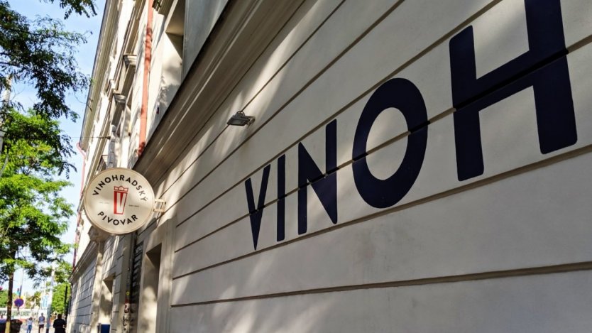 Exterior of Vinohradský Pivovar in Prague’s Vinohrady neighbourhood