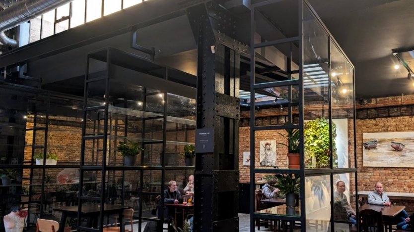 Section of seating inside VNITROBLOCK in the Interior of Vnitroblock in Prague.