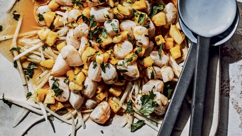 Food photo provided, photo of Valentine Thomas via Facebook. Image for Try out this recipe: Baby scallop ceviche with kohlrabi and pineapple