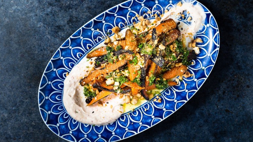 Image for Brian Malarkey's roasted baby carrots with cashew sesame dukkah and Aleppo yogurt