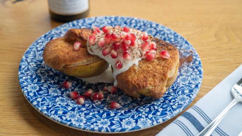 Image for Home Block’s baked pears with almonds, pomegranates, malted whipped cream and bitter chocolate
