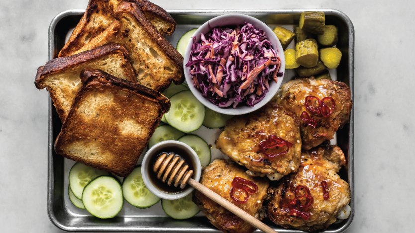 Image for Hot maple crackling chicken thighs with fried bread and coleslaw from the Eat With Us cookbook