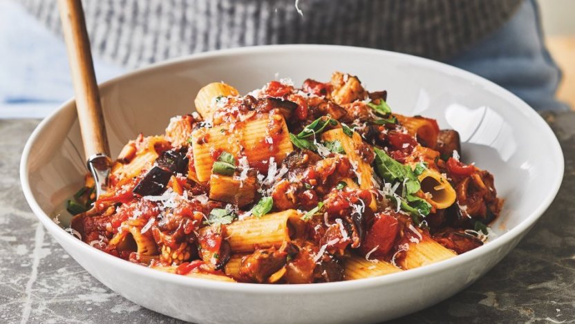 Excerpted from The Bite Me Balance Cookbook by Julie Albert and Lisa Gnat. Image for Vegetarian eggplant bolognese from The Bite Me Balance Cookbook