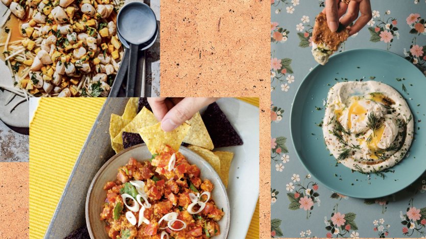 L to R: Baby scallop and kohlrabi ceviche, tomato and coconut salsa, Mary Berg's whipped feta with eggs.