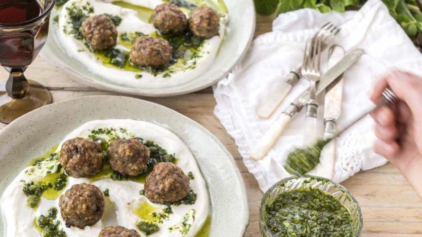 Image for Spicy Lamb Meatballs with Mint Pesto and Greek Yogurt