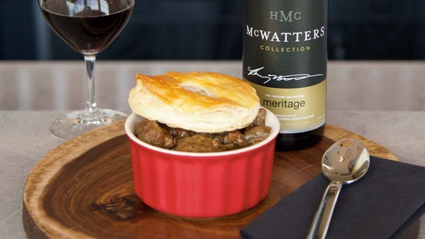 A delicious recipe excerpted from The BC Wine Lover’s Cookbook by Jennifer Schell. Image for Muriel’s Stout & Beef Pot Pie