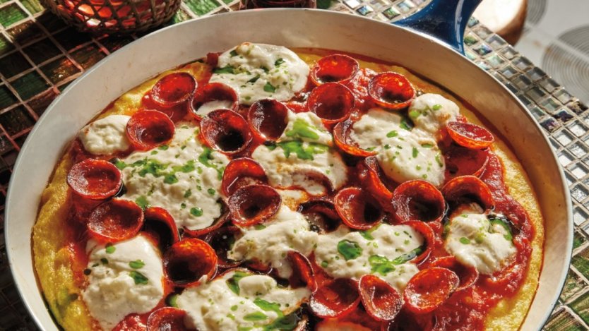 Pepperoni pizza polenta topped with burrata, basil and pepperoni from Easy Does It by Christine Flynn
