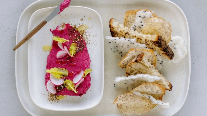 Excerpted from Okanagan Eats: Signature Chefs’ Recipes from British Columbia’s Wine Valleys by Dawn Postnikoff and Joanne Sasvari. Photography by Jon Adrian. Image for Roasted beet baba ghanoush from the 'Okanagan Eats' cookbook