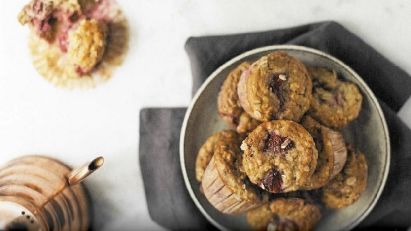 Recipe and images excerpted from the Bake the Seasons cookbook Image for Roasted strawberry oat muffins from the Bake the Seasons cookbook