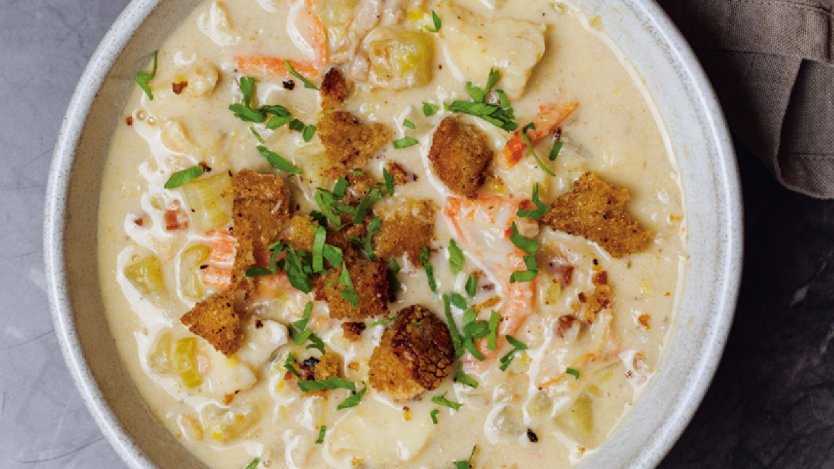 Photos and recipe provided by Penguin Random House. Image for This seafood chowder recipe from the new Chuck Hughes cookbook is a must-try