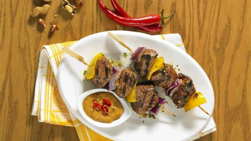Photo provided by Canada Beef. Image for Beef skewers with peanut sauce